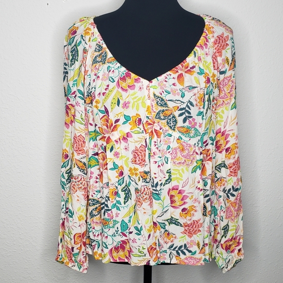 Old Navy Tops - Old Navy Womens Babydoll Tropical Print Blouse Top Size L Travel Bohemian Vacay